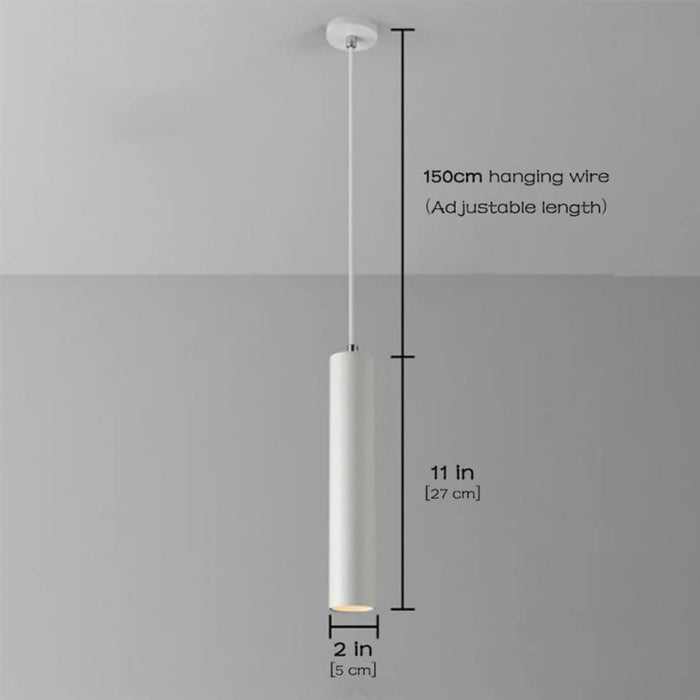 White pendant light with dimensions on a gray background