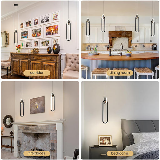 Collage of interior design elements including a corridor, dining room, fireplaces, and bedrooms with a focus on lighting fixtures.