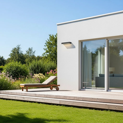 Modern house exterior with a deck, lounge chair, and garden.