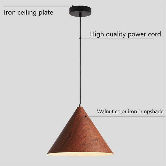 Wooden pendant light with labeled iron ceiling plate, high quality power cord, and walnut color iron lampshade on a gray background.