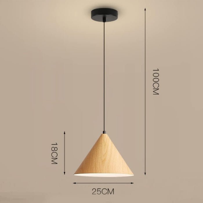Wooden pendant light with dimensions on a beige background