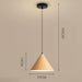 Wooden pendant light with dimensions on a beige background