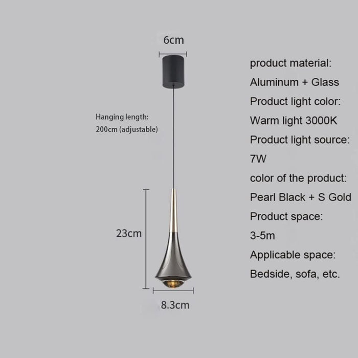 Pendant light with dimensions and specifications on a gray background