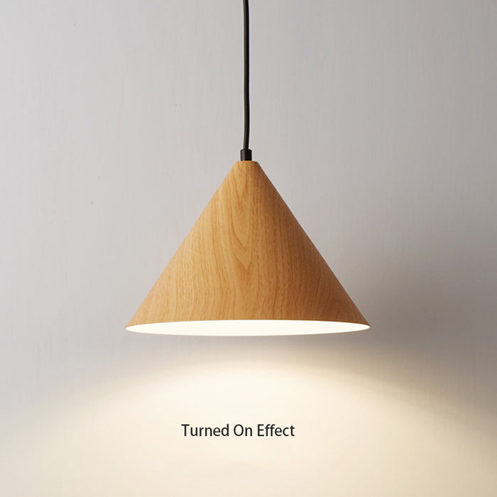 Wooden pendant light on a gray background with 'Turned On Effect' text.