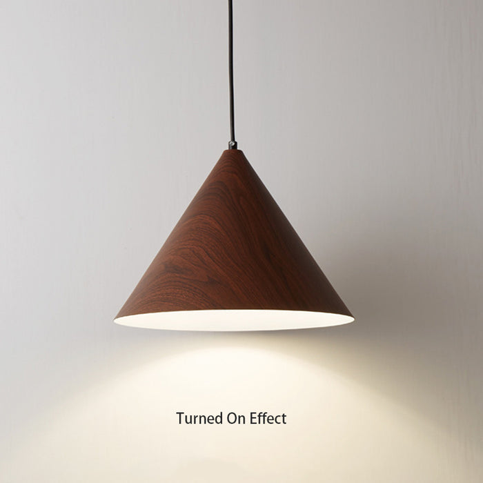 Wooden pendant light on a gray background with 'Turned On Effect' text.