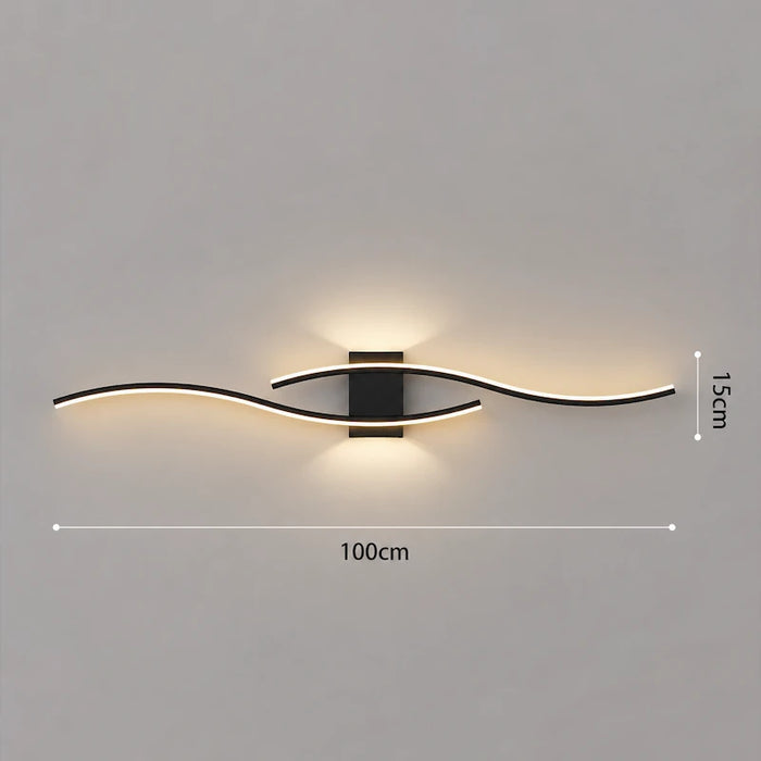Modern wall light fixture with dimensions on a gray background