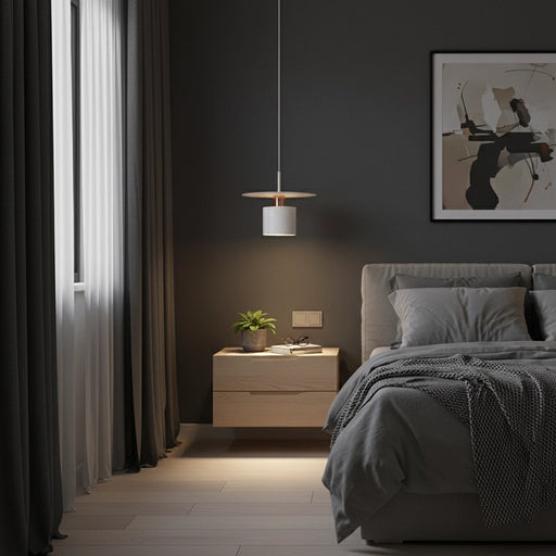 Modern bedroom with dark walls, a bed, nightstand, and pendant light.