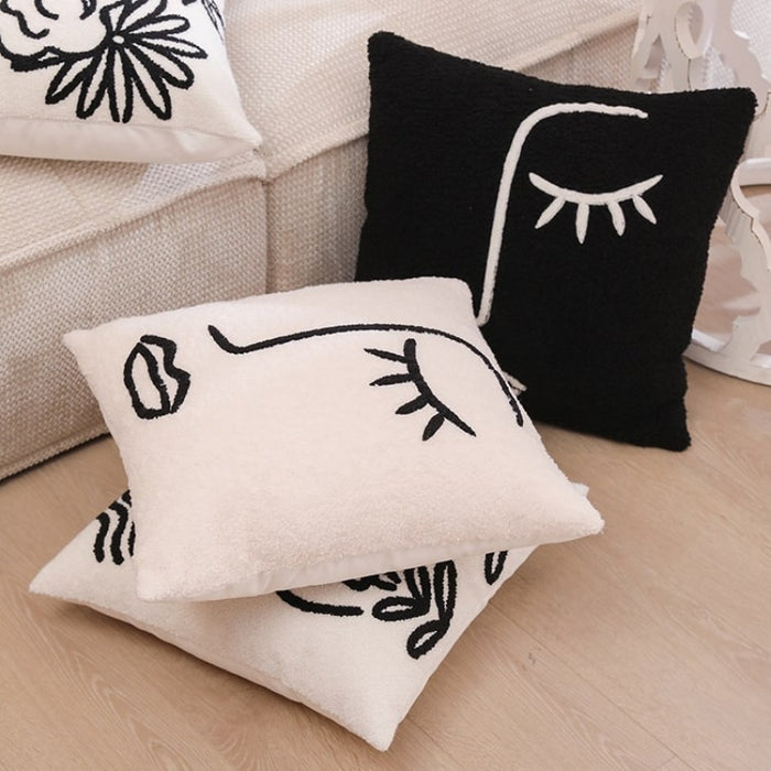 Embroidery Abstract Face Cushion - Black
