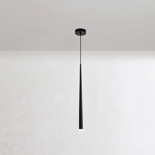 Black pendant light fixture on a white ceiling