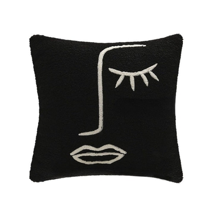 Embroidery Abstract Face Cushion - Black