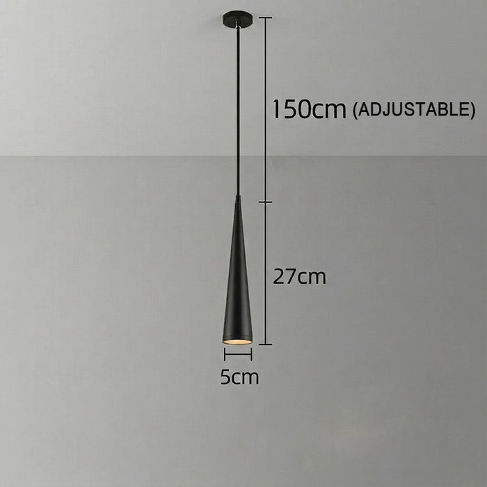 Black pendant light with measurements on a gray background