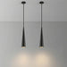 Two black pendant lights hanging against a gray background