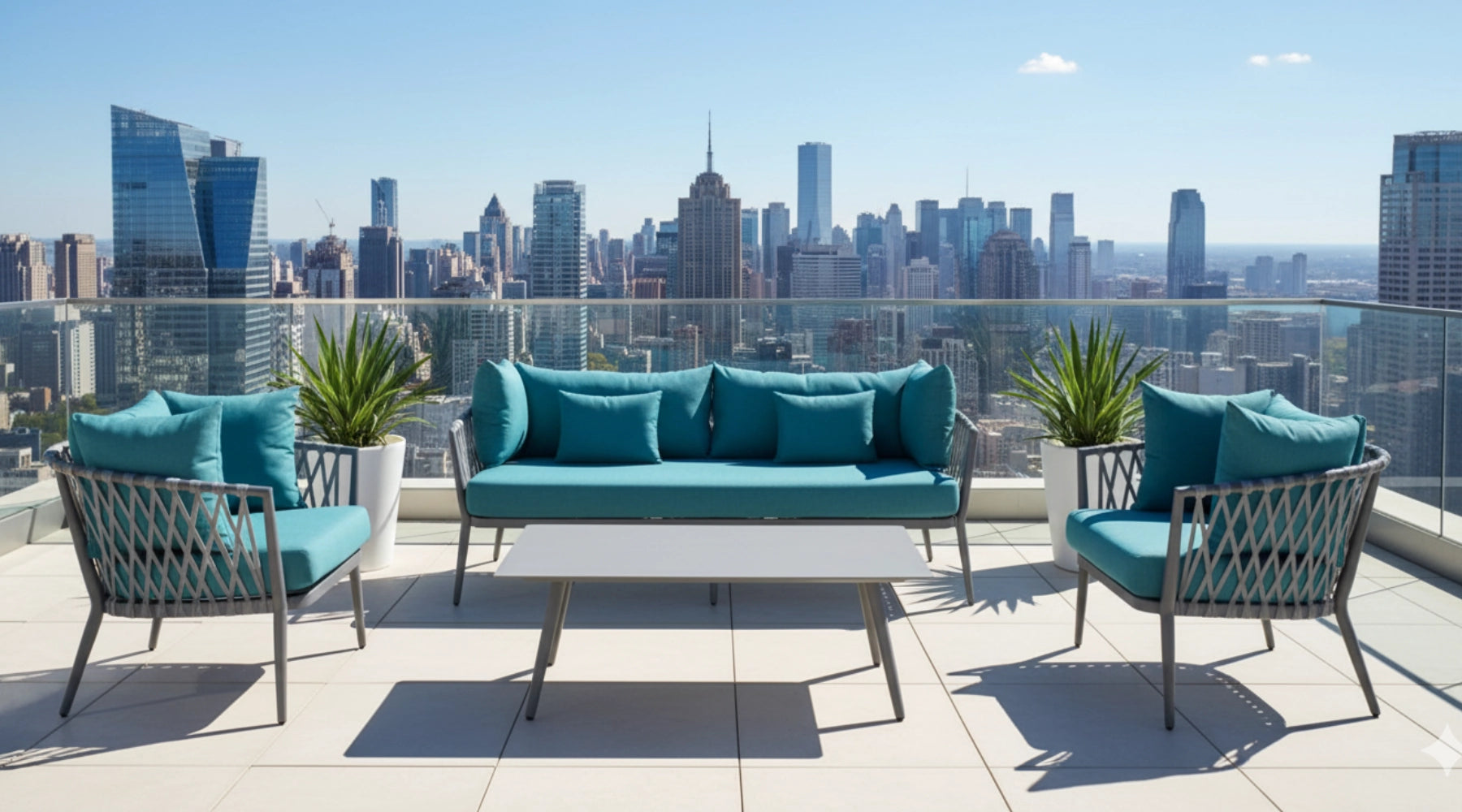 Outdoor furniture set with blue cushions on a rooftop terrace with city skyline in the background