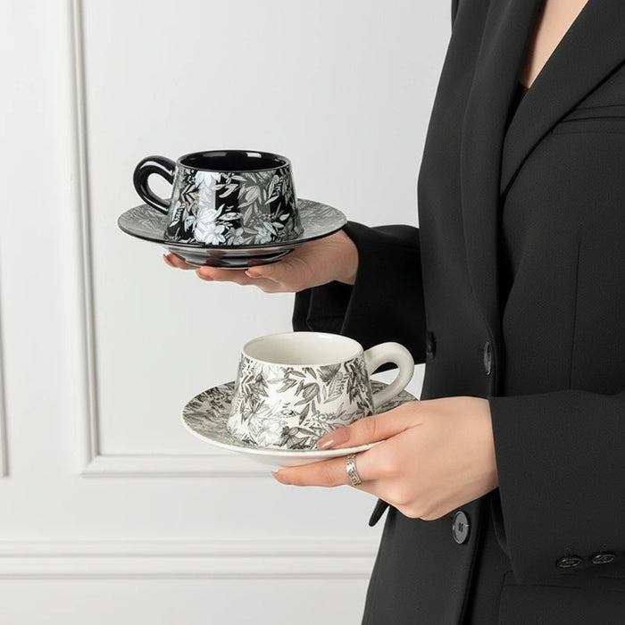 Monochrome Botanica Porcelain Cup & Saucer Set - Set of 2-Creative Living