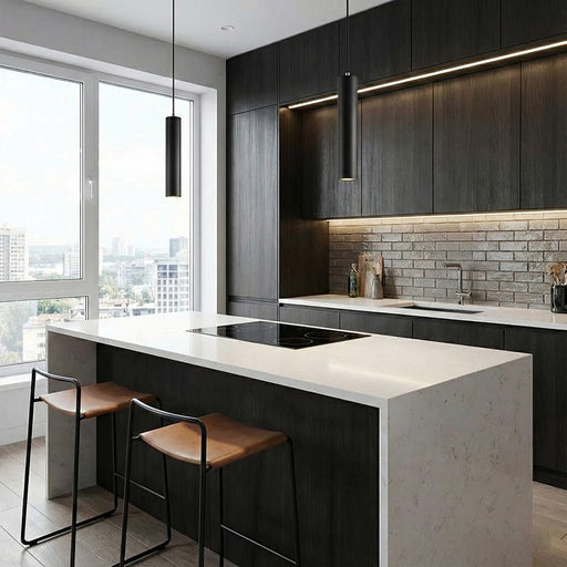 Modern kitchen with dark wood cabinets, white countertops, and a large window.