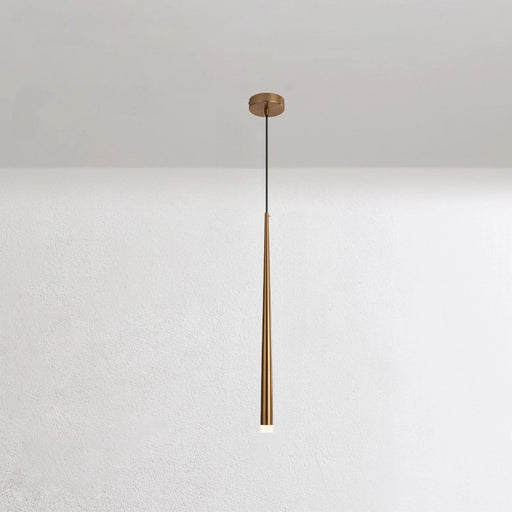 Modern pendant light with a gold finish on a white background