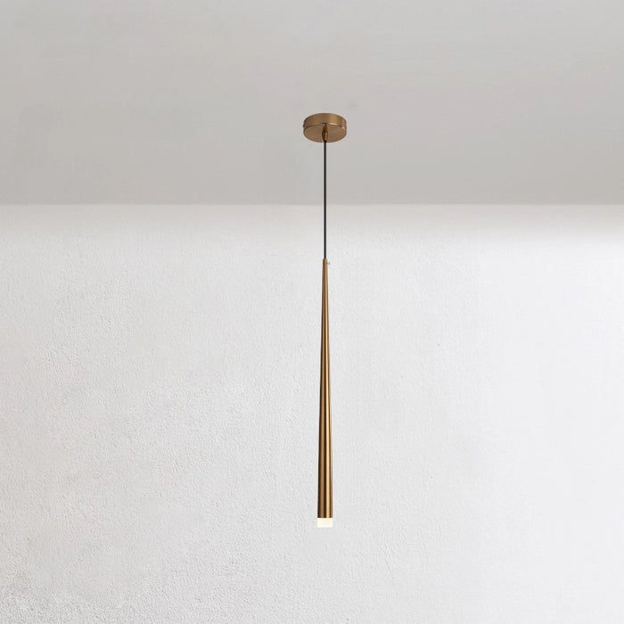 Modern pendant light with a gold finish on a white background