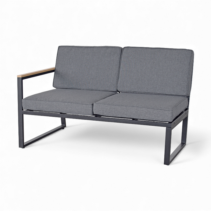 Gray outdoor sofa with cushions on a white background