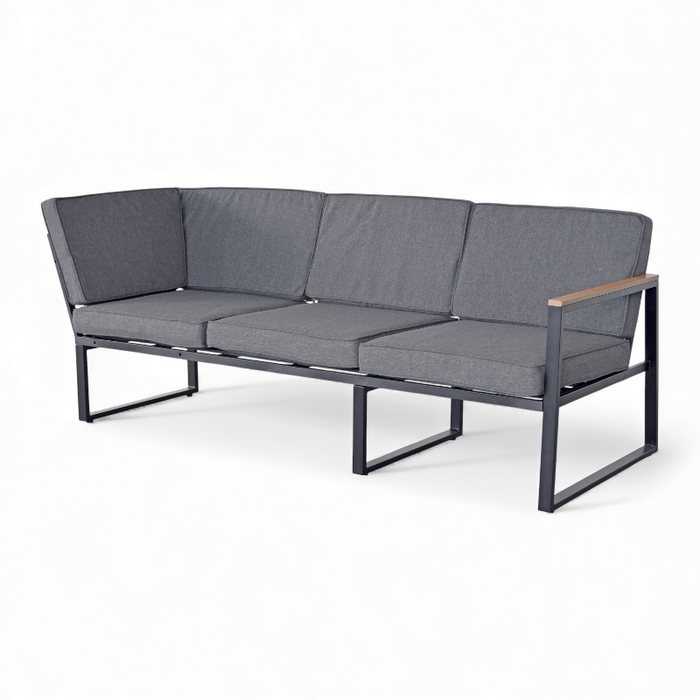 Gray outdoor sofa with black metal frame on a white background