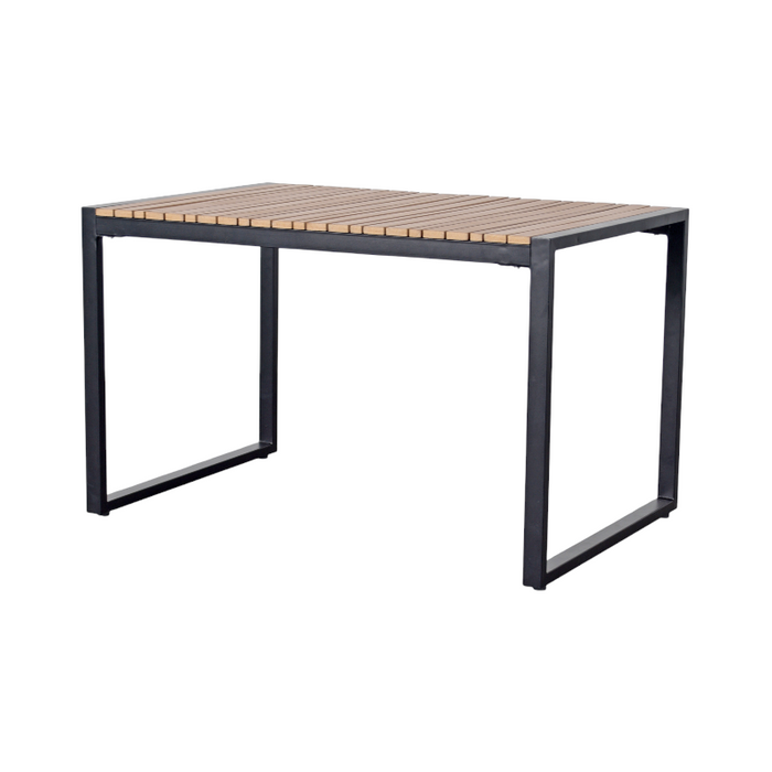 Square table with wooden top and metal frame on a white background