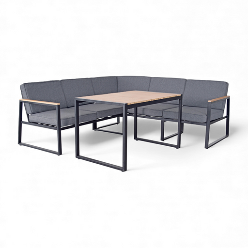 Outdoor furniture set with gray cushions and a wooden table on a white background