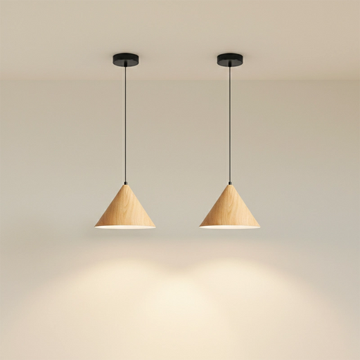 Light Oak Small Nordic Woodgrain Cone Pendant Light Set of 2 by Creative Living