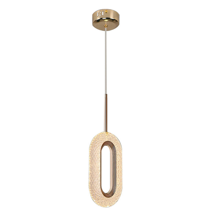 Modern pendant light with gold fixture and beige shade on a white background