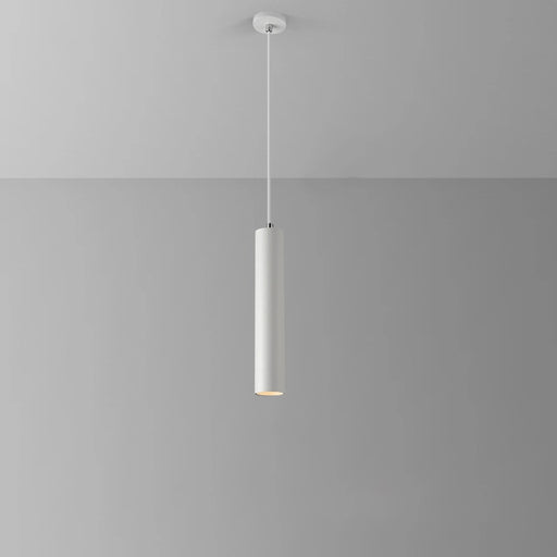 White pendant light hanging against a gray background
