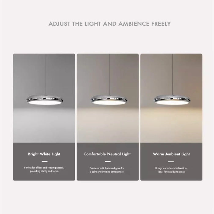 Three light settings on a gray background with text describing bright white, comfortable neutral, and warm ambient light.