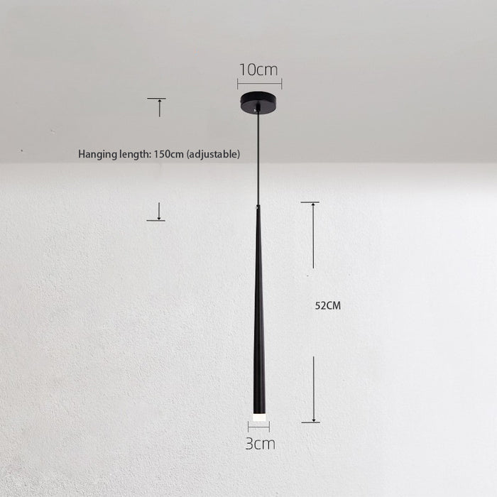 Black pendant light with measurements on a white background