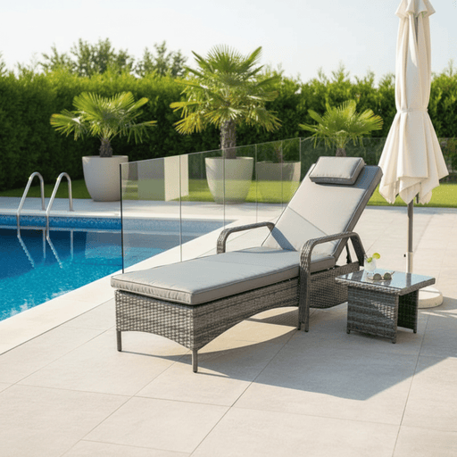 Outdoor lounge chair with table by a poolside from www.creative-living.co.za