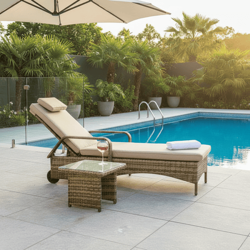 Outdoor lounge chair with table and umbrella by a pool from www.creative-living.co.za