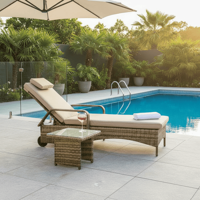 Outdoor lounge chair with table and umbrella by a pool from www.creative-living.co.za