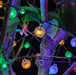 String lights hanging among tree branches with a dark background
