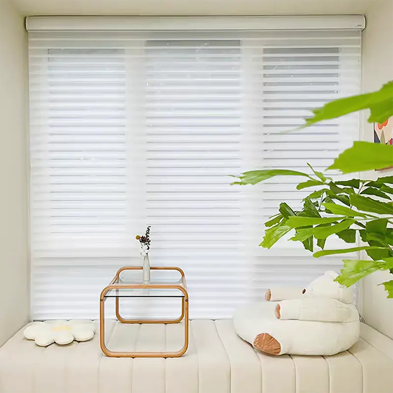 White window blinds with a plant and decorative items on a couch