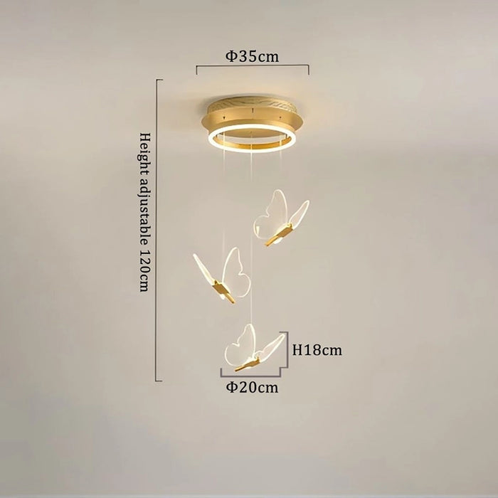 Ceiling light fixture with butterfly designs and dimensions on a plain background