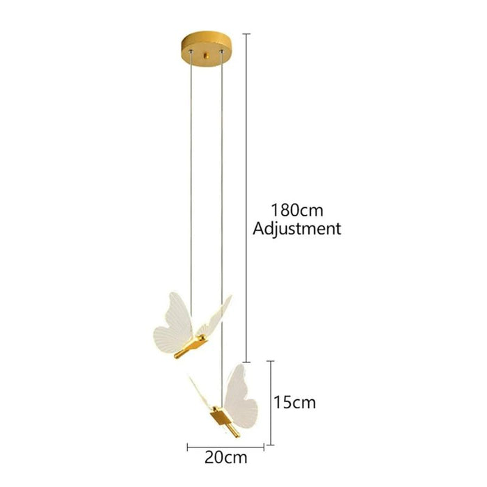 Pendant light fixture with butterfly design and measurement details on a white background