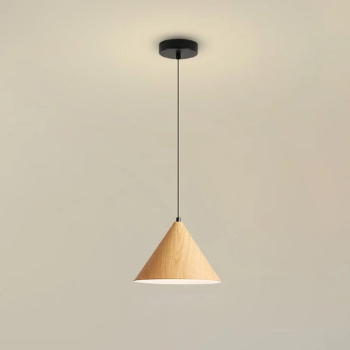 Pendant light with wooden shade on a beige background