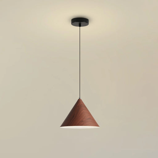 Conical pendant light with wooden finish on a beige background