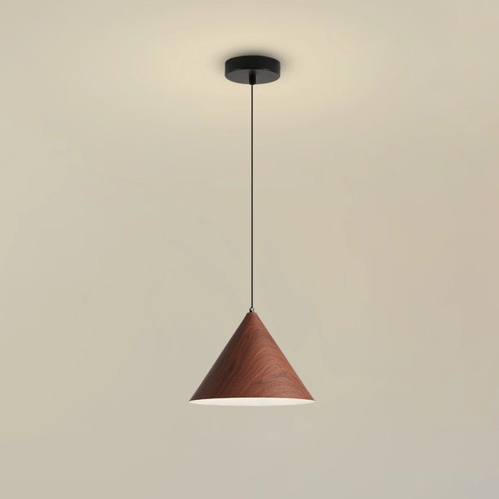 Conical pendant light with wooden finish on a beige background