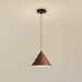 Conical pendant light with wooden finish on a beige background