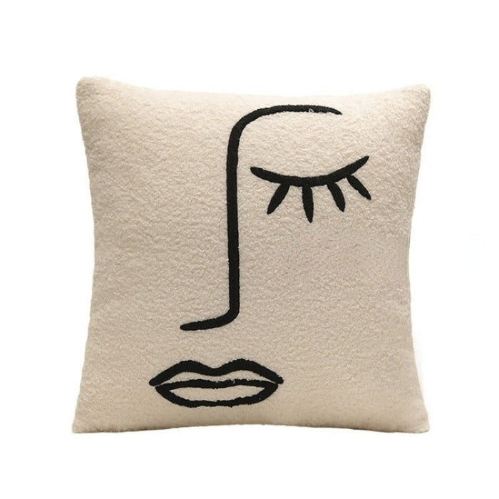 Embroidery Abstract Face Cushion - Off-White