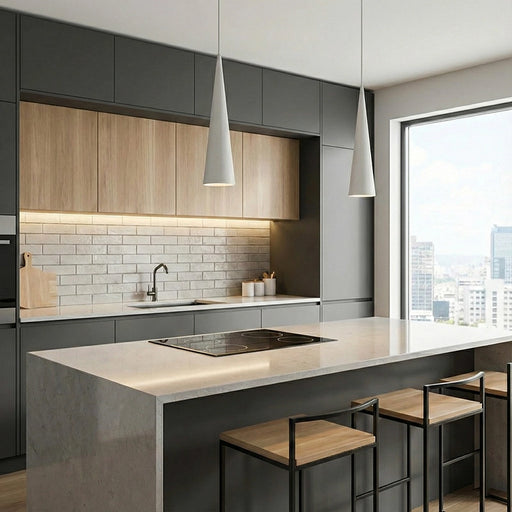 Modern kitchen with gray cabinets, white countertops, and wooden stools.