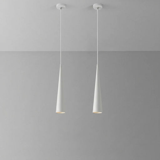 Two pendant lights hanging from a gray ceiling