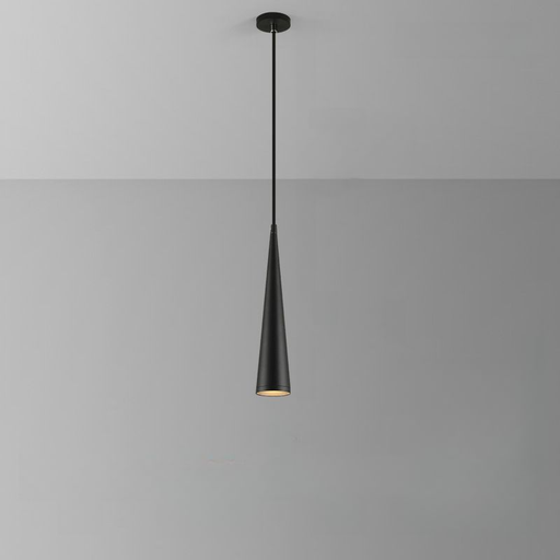 Black pendant light hanging against a gray background