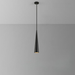 Black pendant light hanging against a gray background