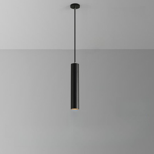Black pendant light hanging against a gray background