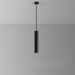 Black pendant light hanging against a gray background