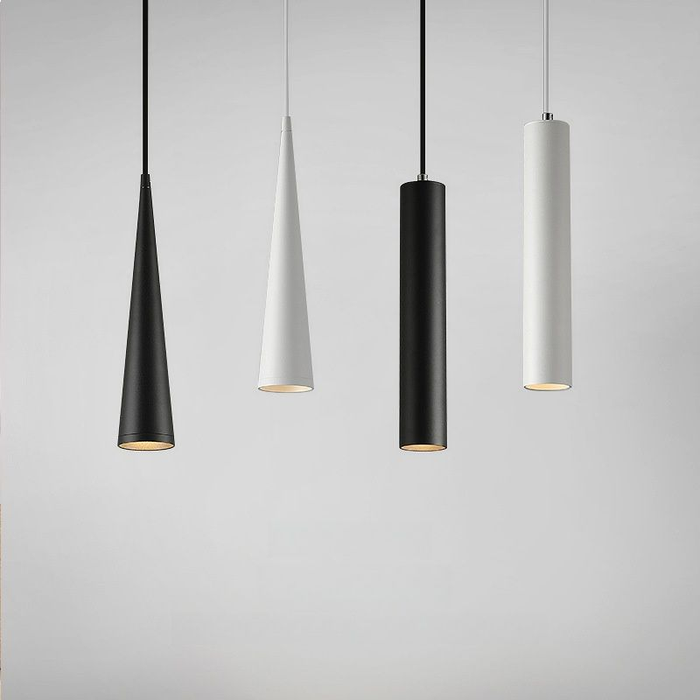 Four pendant lights in black and white on a gray background