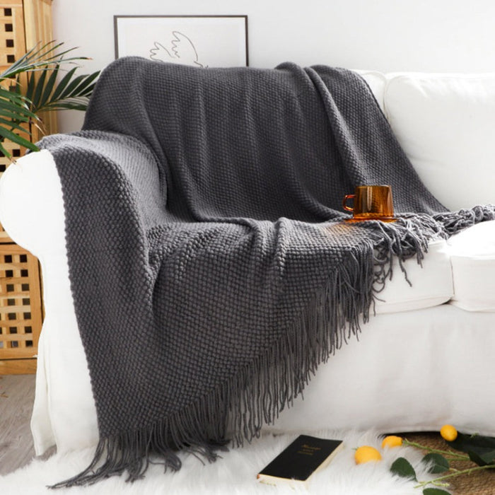 Knitted Throw Blanket with Tassels - Dark Grey - Creative Living